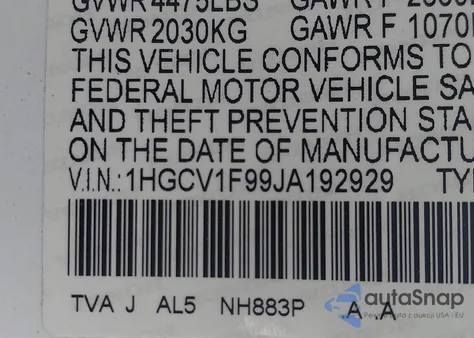 2018 Honda Accord Touring из США, поврежденный, VIN 1HGCV1F99JA192929